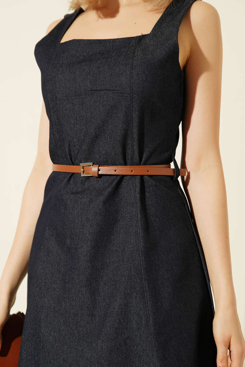 Belted Square-Neck Denim Midi Dress - Navy