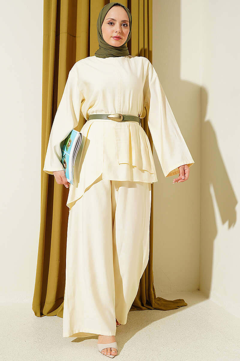 Belted Two-Piece Set with Tiered Trousers - Yellow