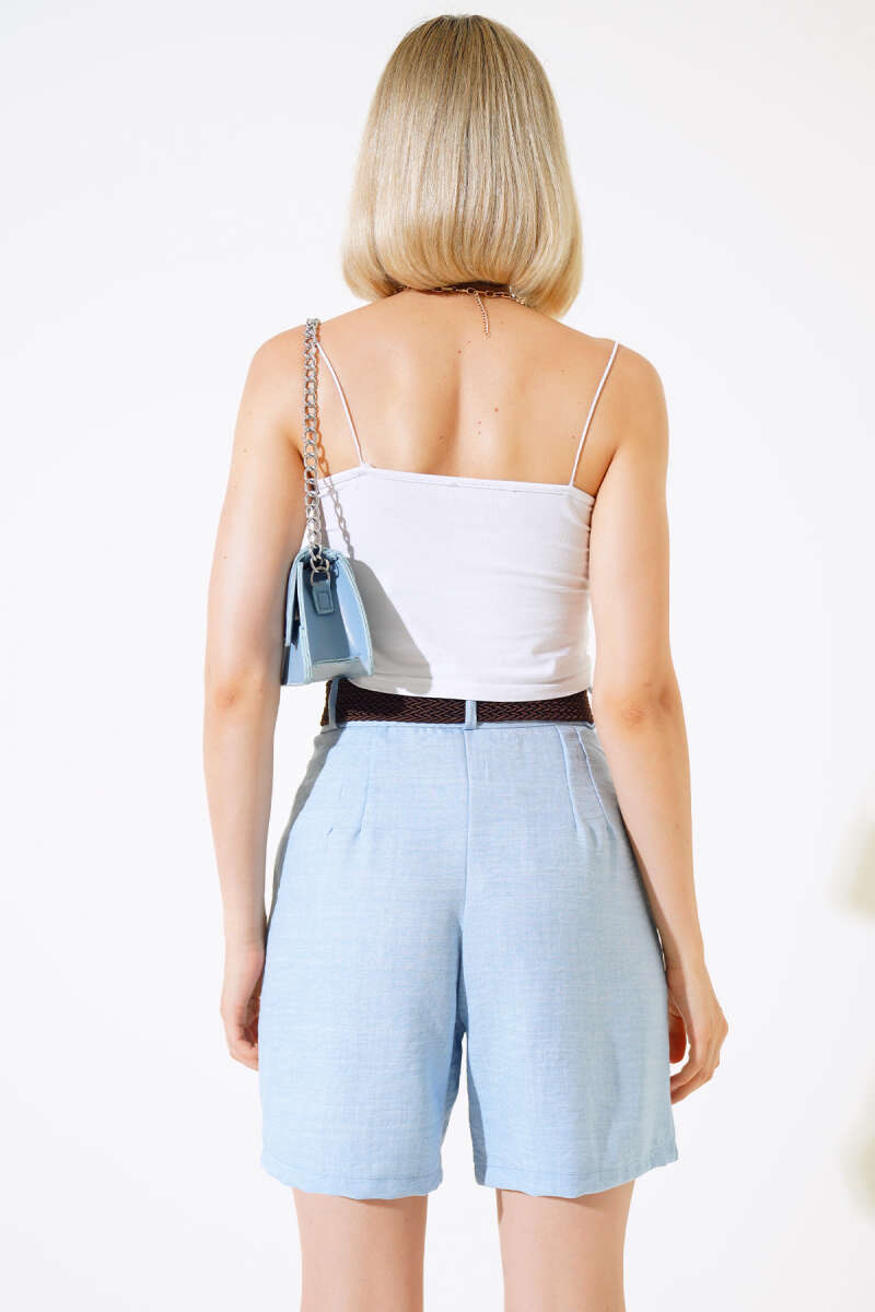Belted Linen Shorts - Blue