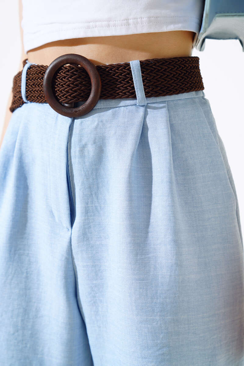 Belted Linen Shorts - Blue