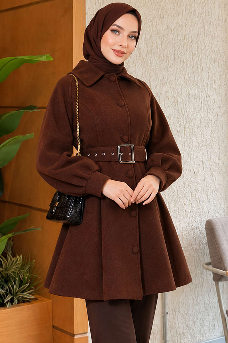Short Belted Felt Coat - Dark Brown
