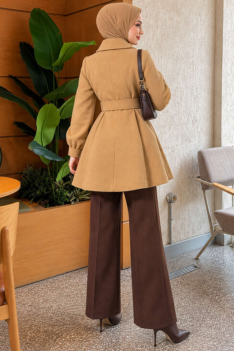 Short Belted Felt Coat - Camel