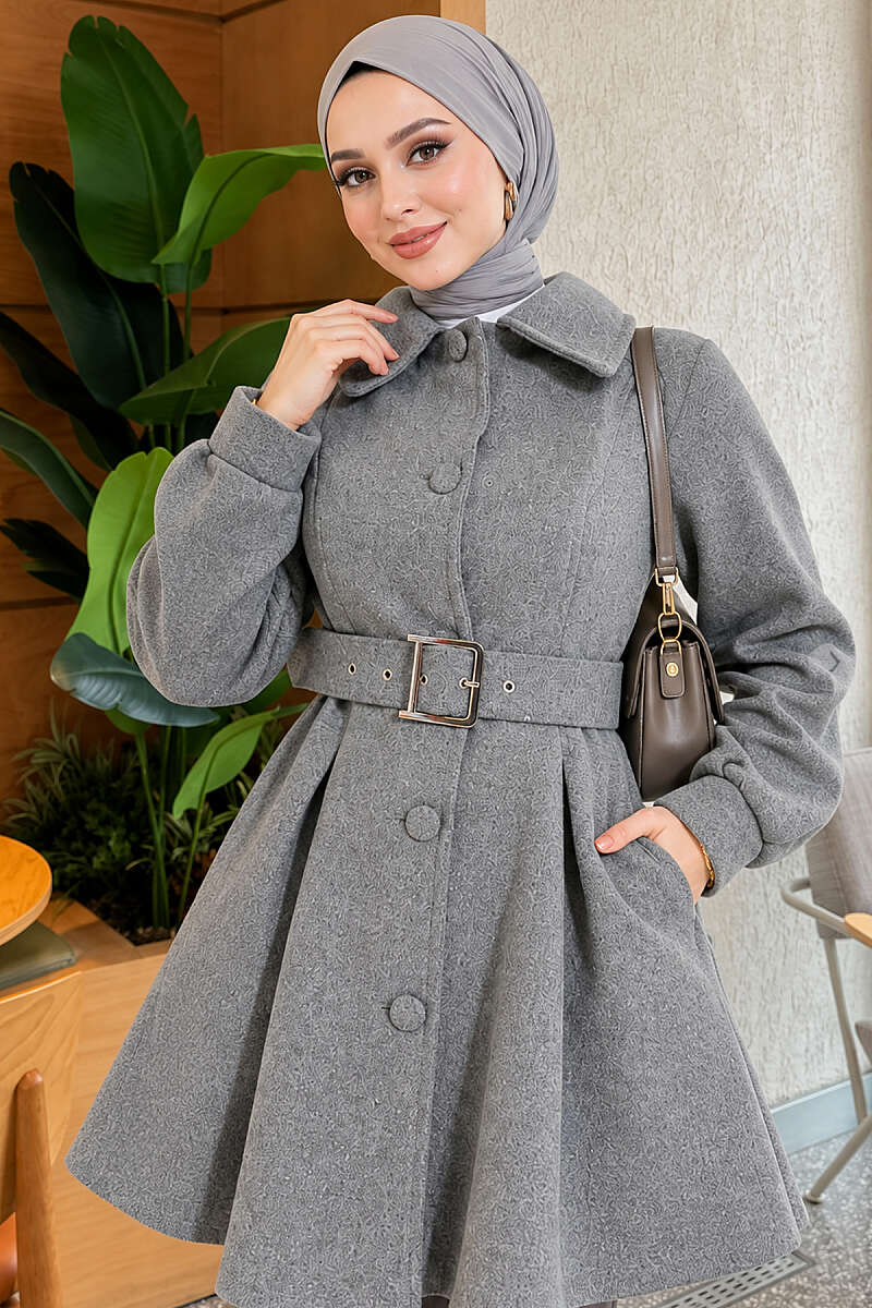 Short Belted Felt Coat - Smoke Grey