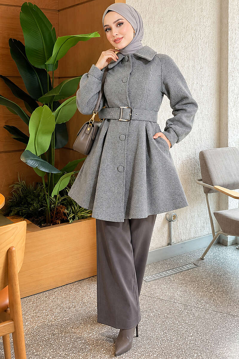 Short Belted Felt Coat - Smoke Grey