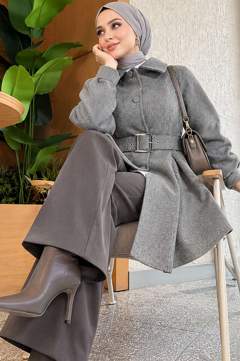 Short Belted Felt Coat - Smoke Grey