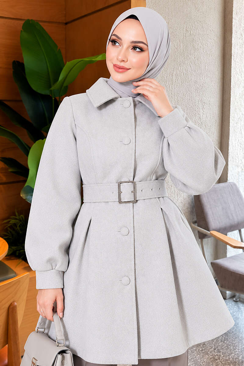 Short Belted Felt Coat - Grey