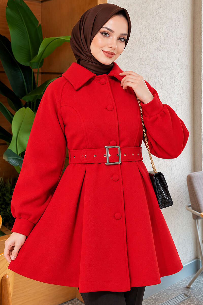 Short Belted Felt Coat - Red