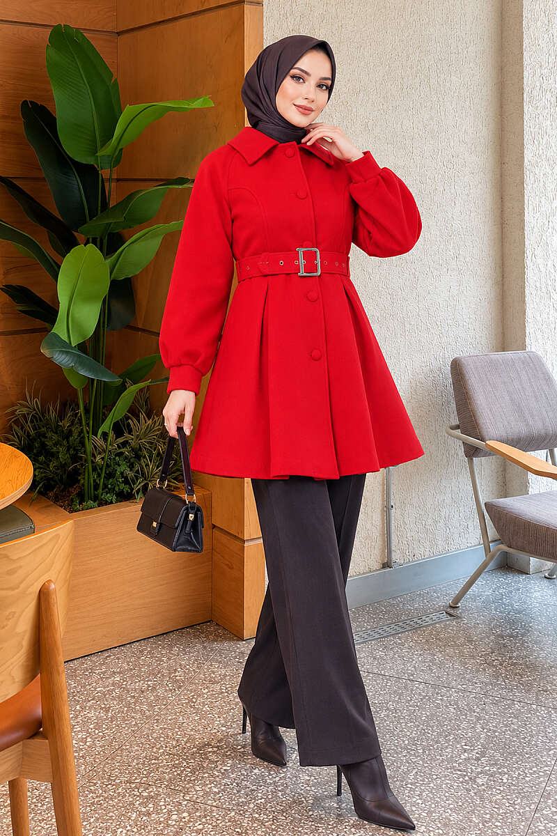 Short Belted Felt Coat - Red