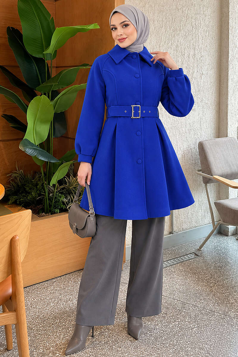 Short Belted Felt Coat - Saxe Blue