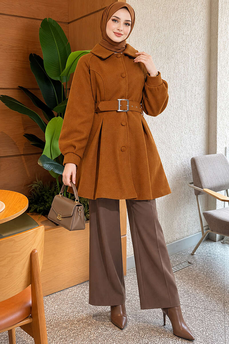 Short Belted Felt Coat - Tan