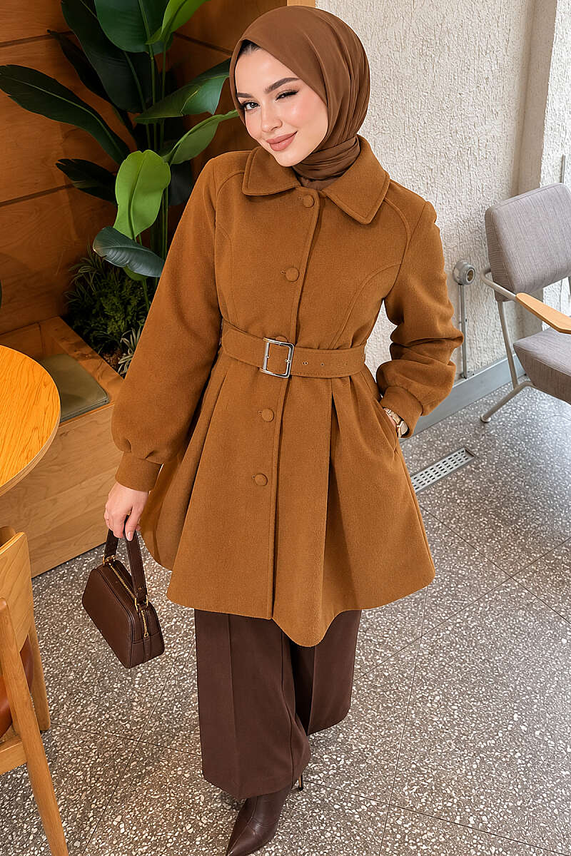 Short Belted Felt Coat - Tan