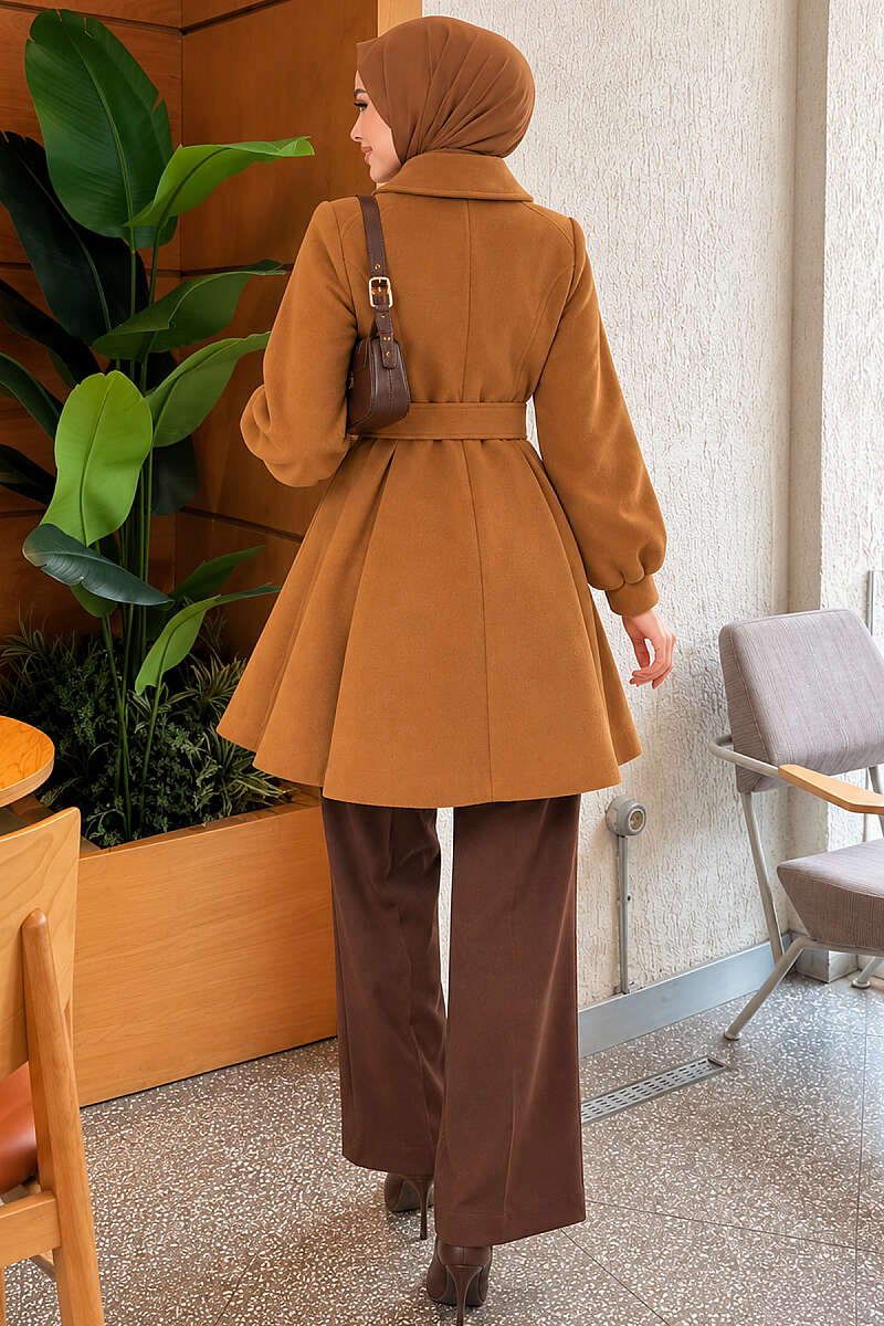 Short Belted Felt Coat - Tan