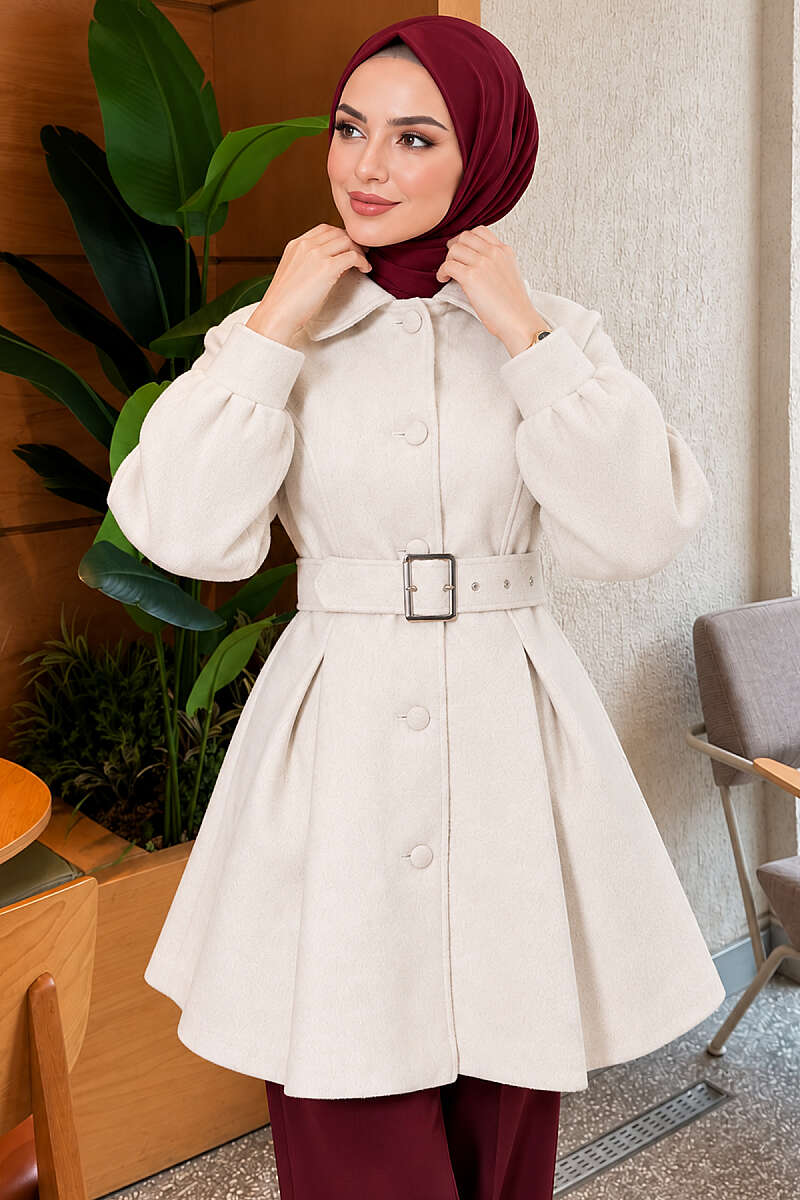 Short Belted Felt Coat - Stone