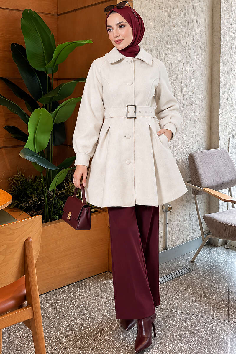 Short Belted Felt Coat - Stone