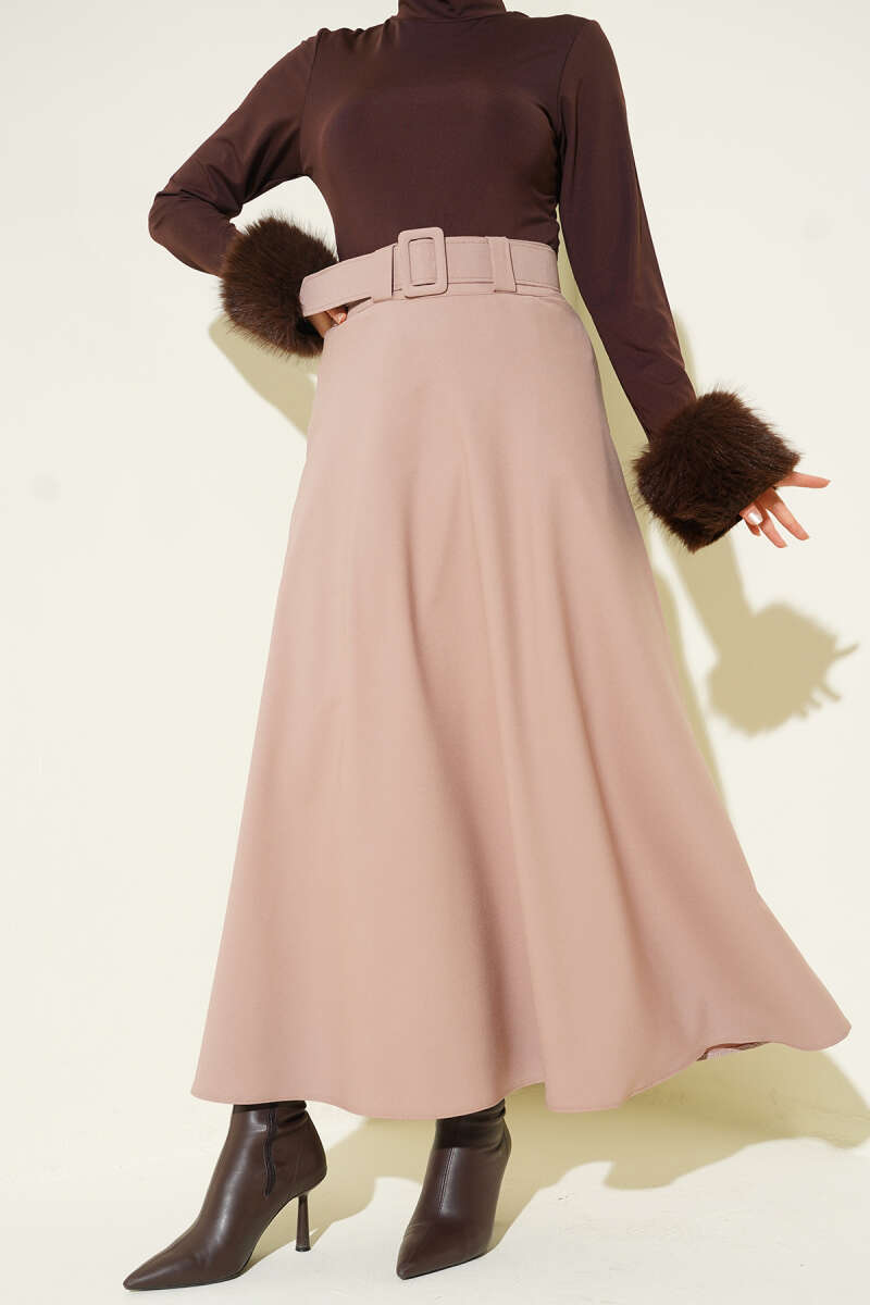 Belted Flared Double-Knit Skirt - Beige