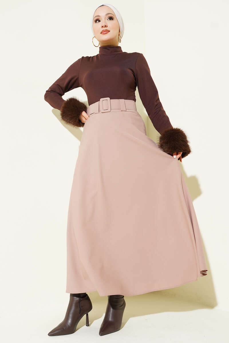 Belted Flared Double-Knit Skirt - Beige