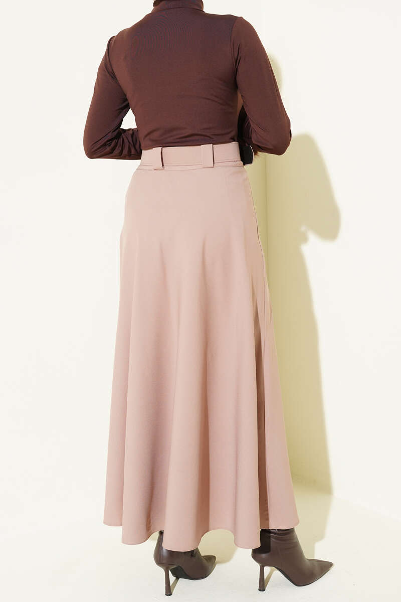 Belted Flared Double-Knit Skirt - Beige