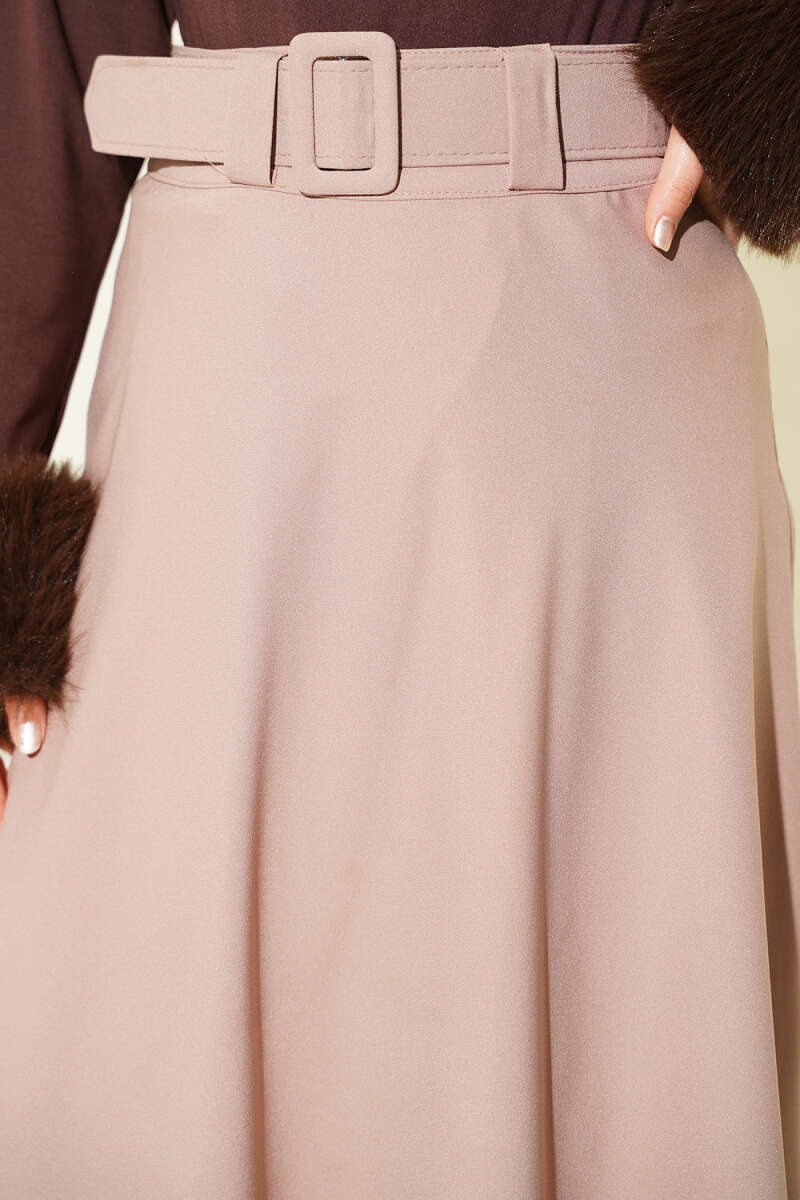 Belted Flared Double-Knit Skirt - Beige