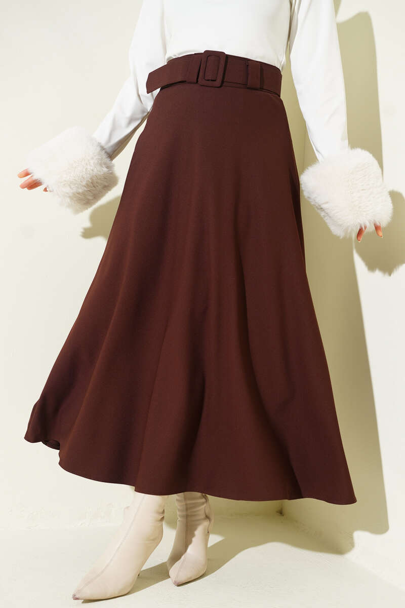 Belted Flared Double-Knit Skirt - Brown