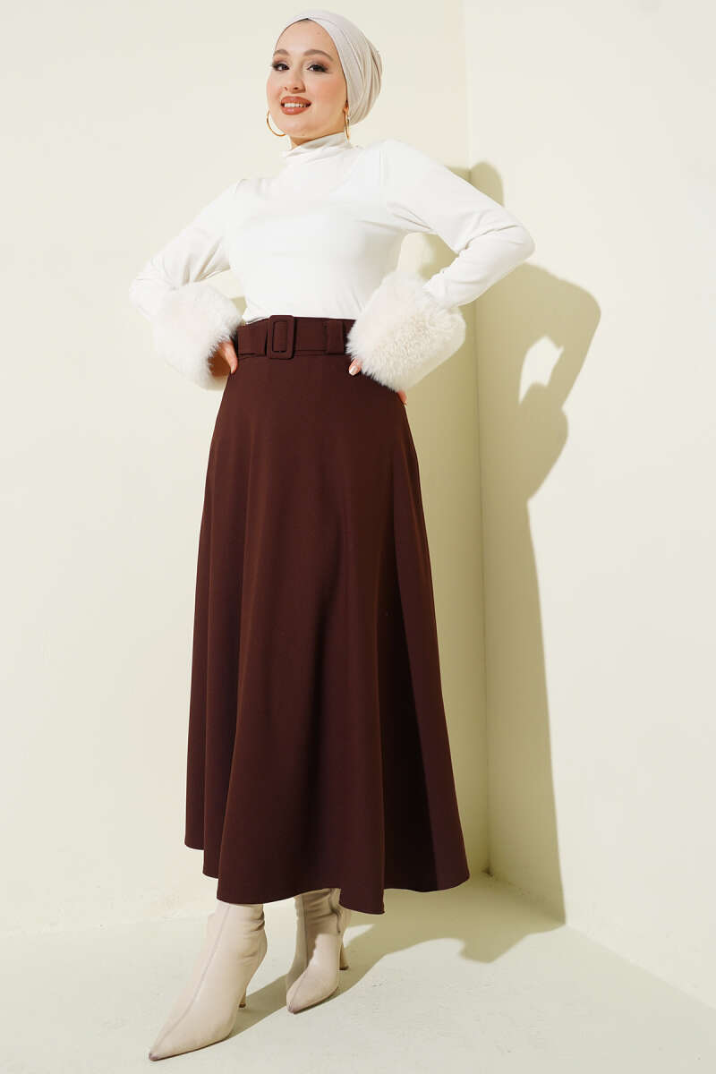Belted Flared Double-Knit Skirt - Brown