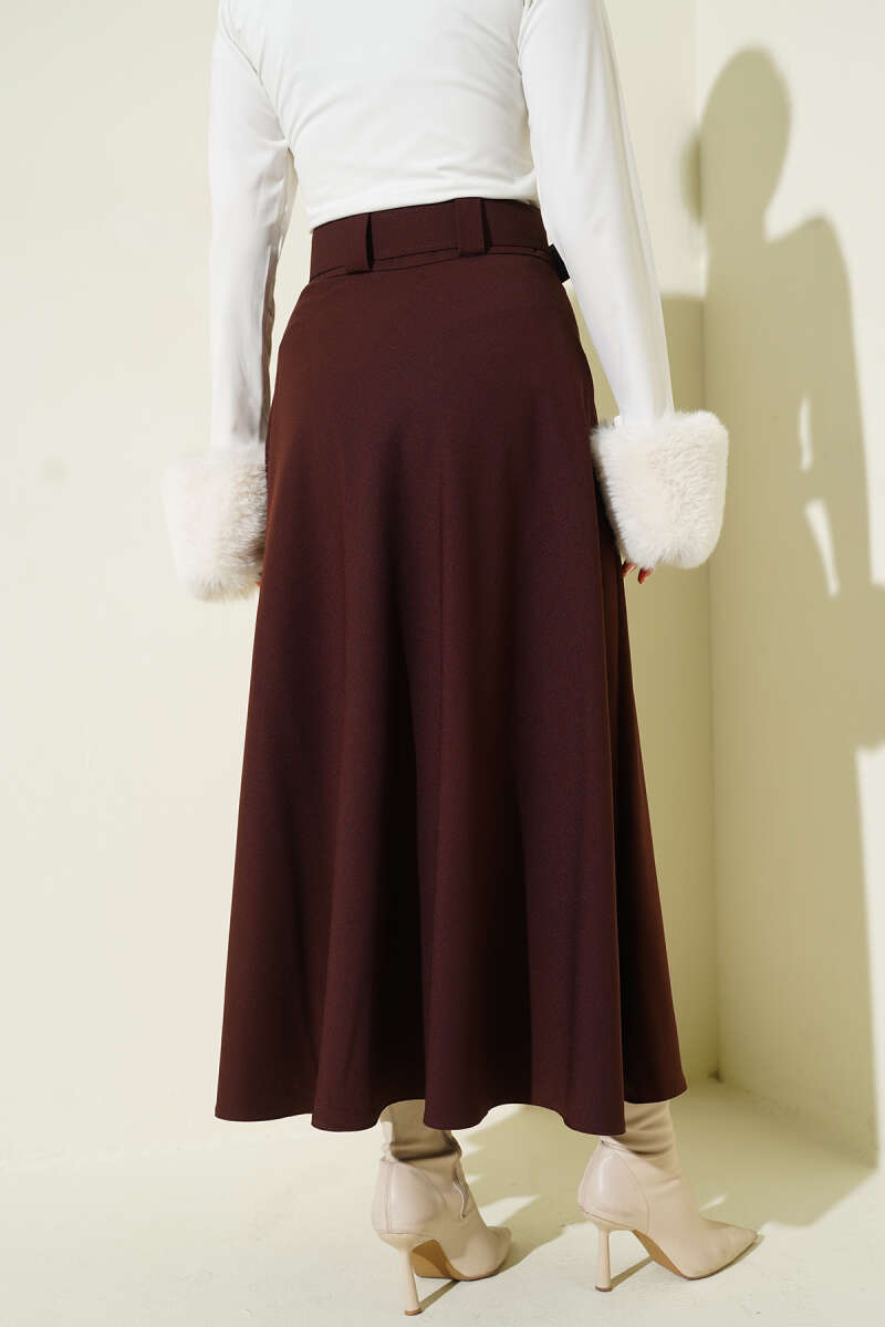 Belted Flared Double-Knit Skirt - Brown