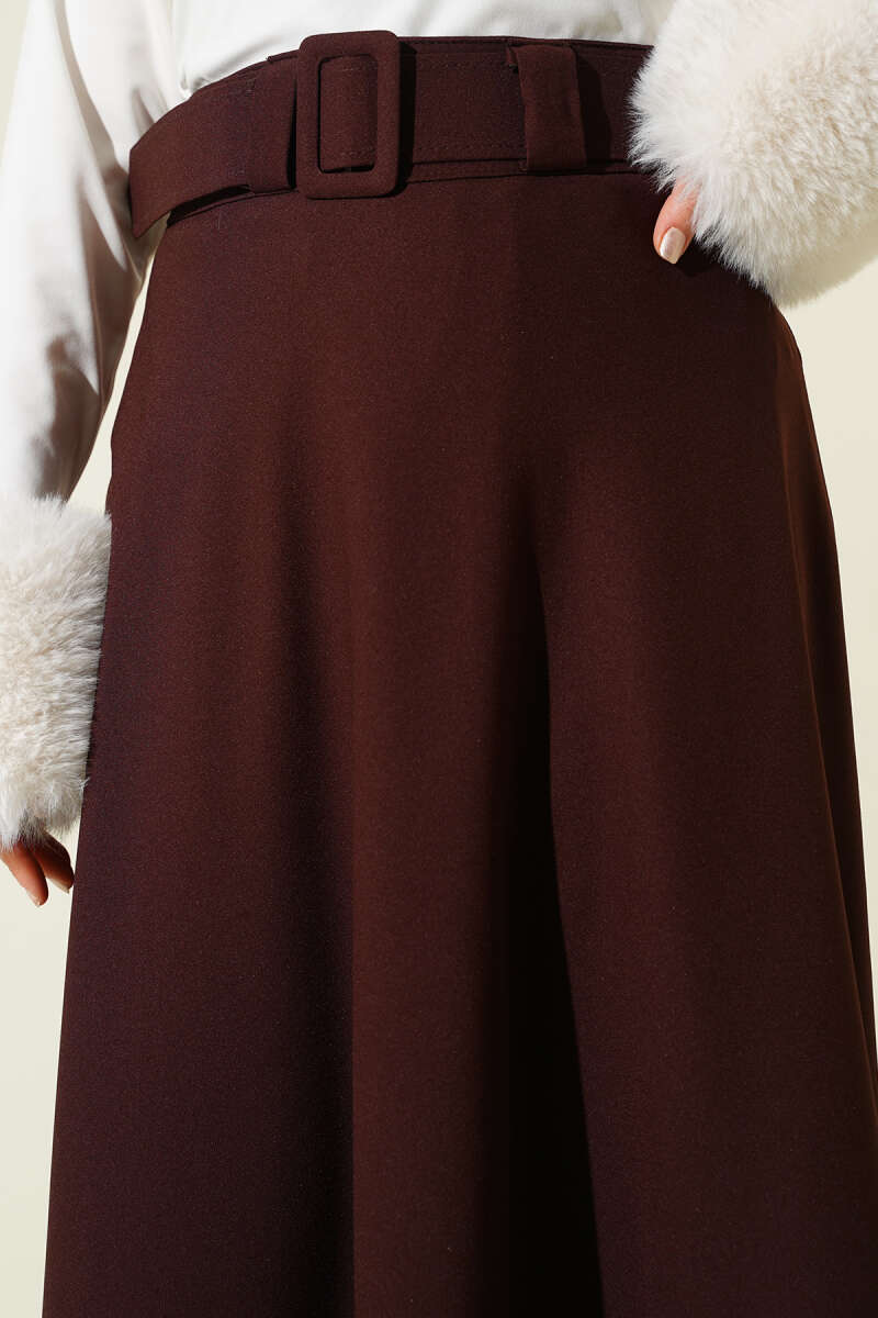 Belted Flared Double-Knit Skirt - Brown