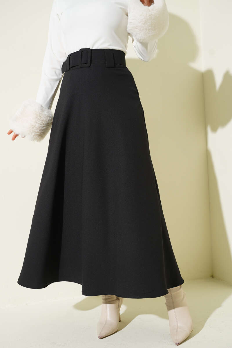 Belted Flared Double-Knit Skirt - Black