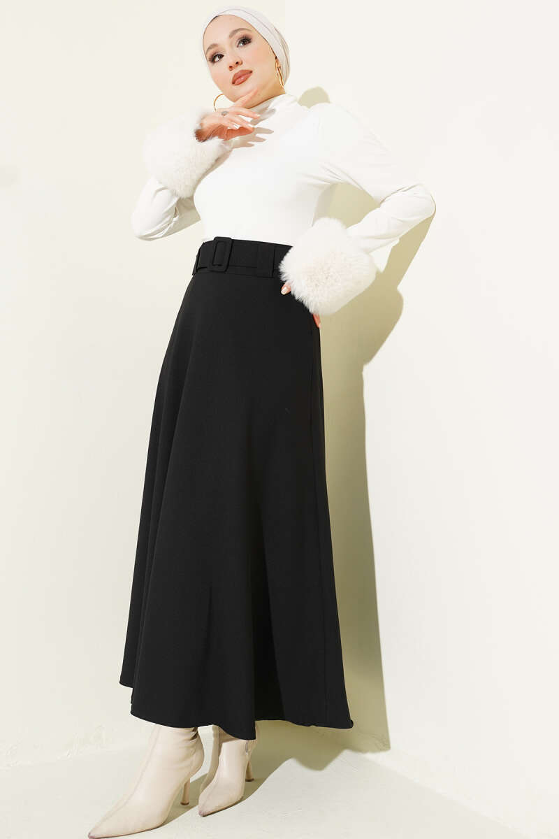 Belted Flared Double-Knit Skirt - Black
