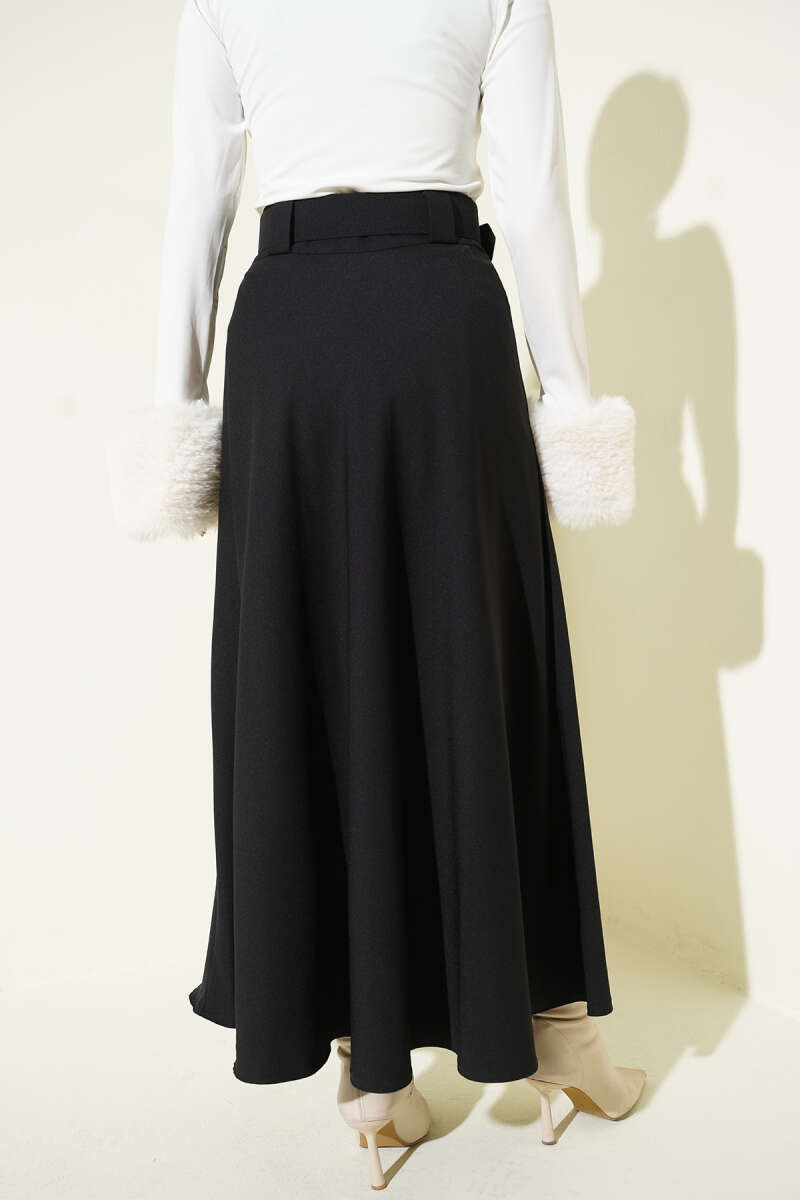 Belted Flared Double-Knit Skirt - Black