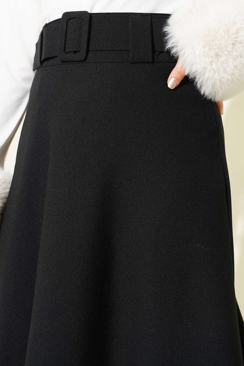 Belted Flared Double-Knit Skirt - Black