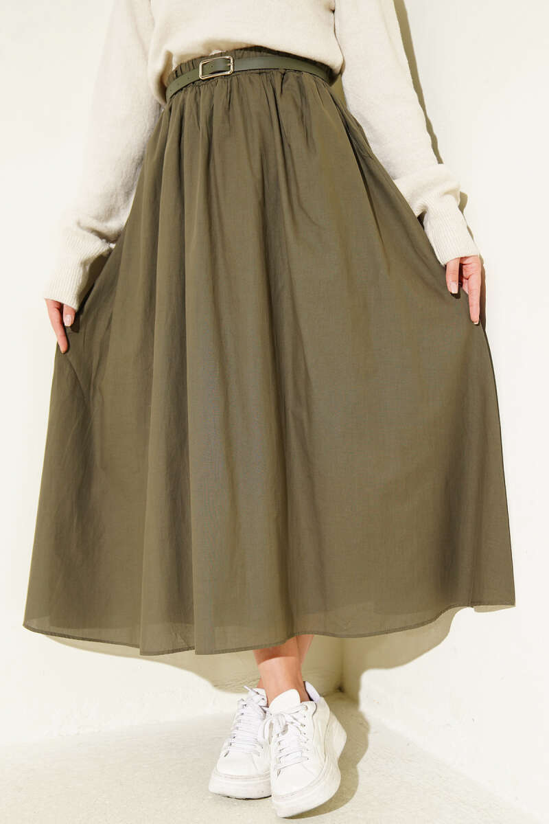 Belted Flared Voile Skirt - Dark Olive