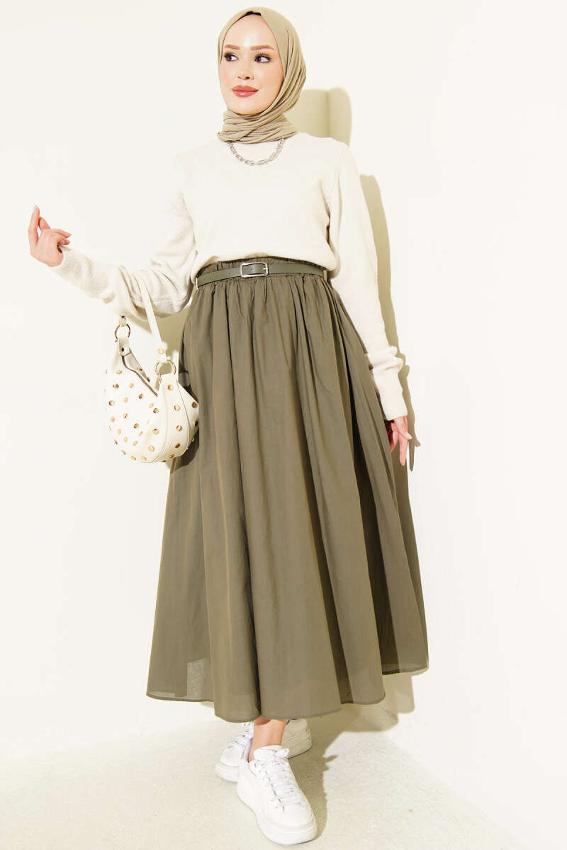 Belted Flared Voile Skirt - Dark Olive