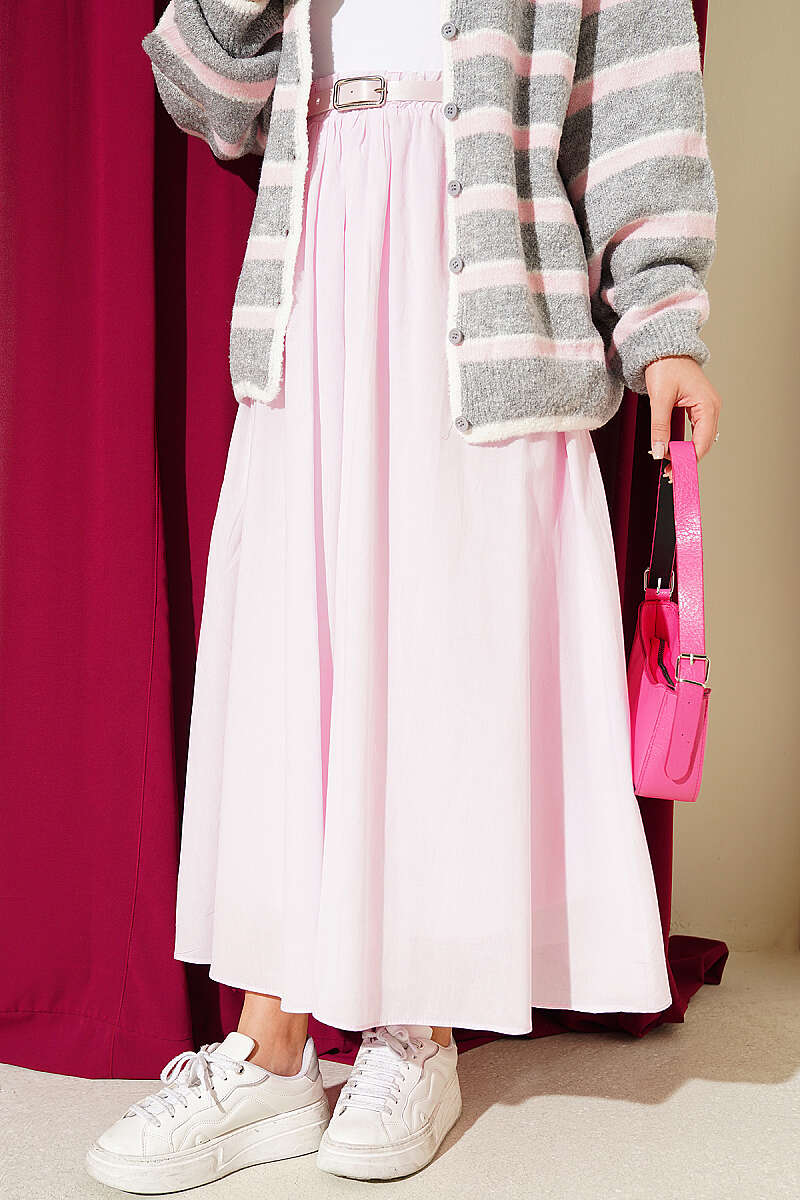 Belted Flared Voile Skirt - Pink