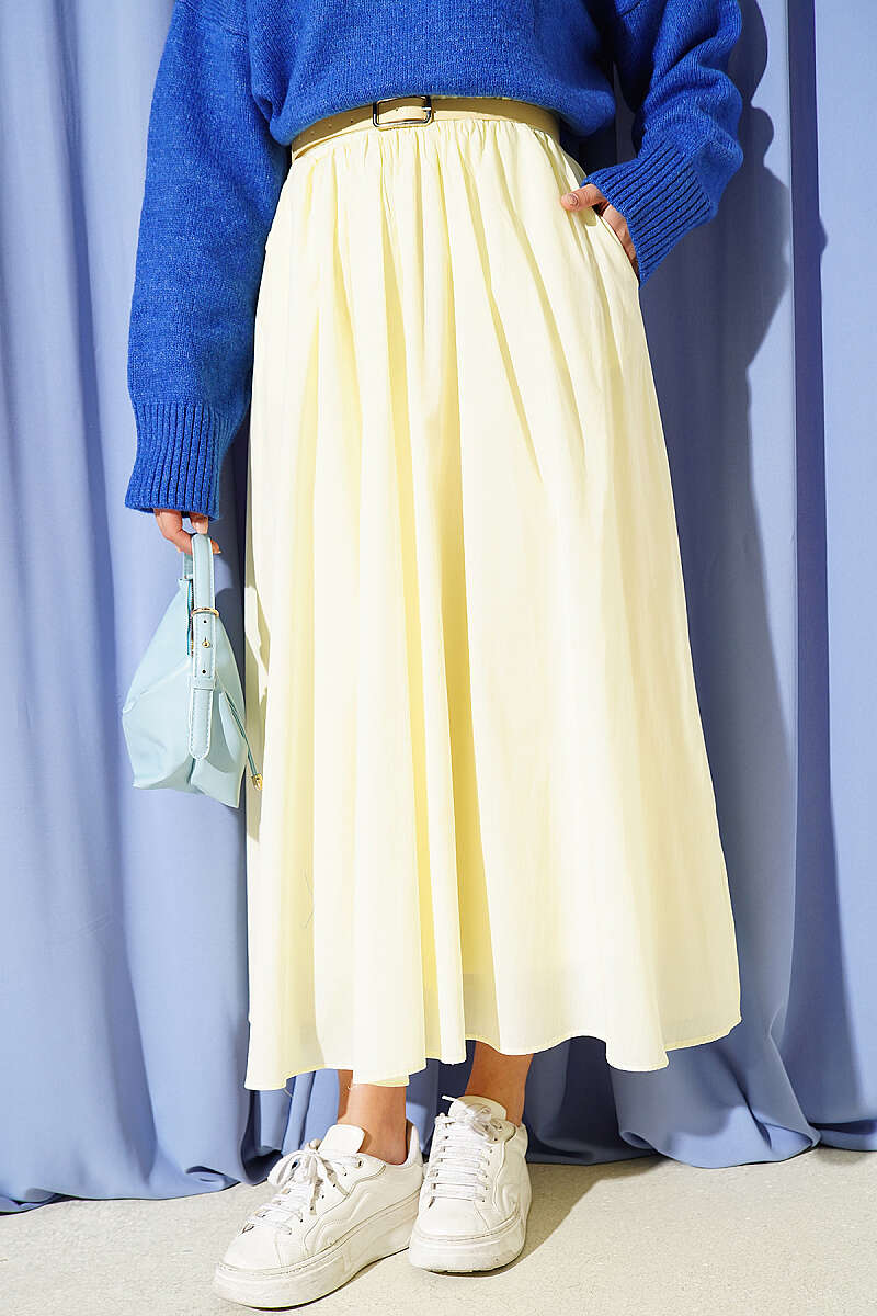 Belted Flared Voile Skirt - Yellow