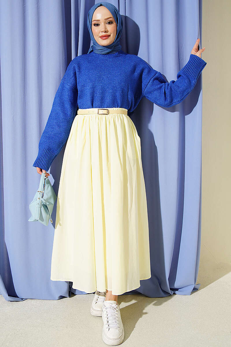 Belted Flared Voile Skirt - Yellow