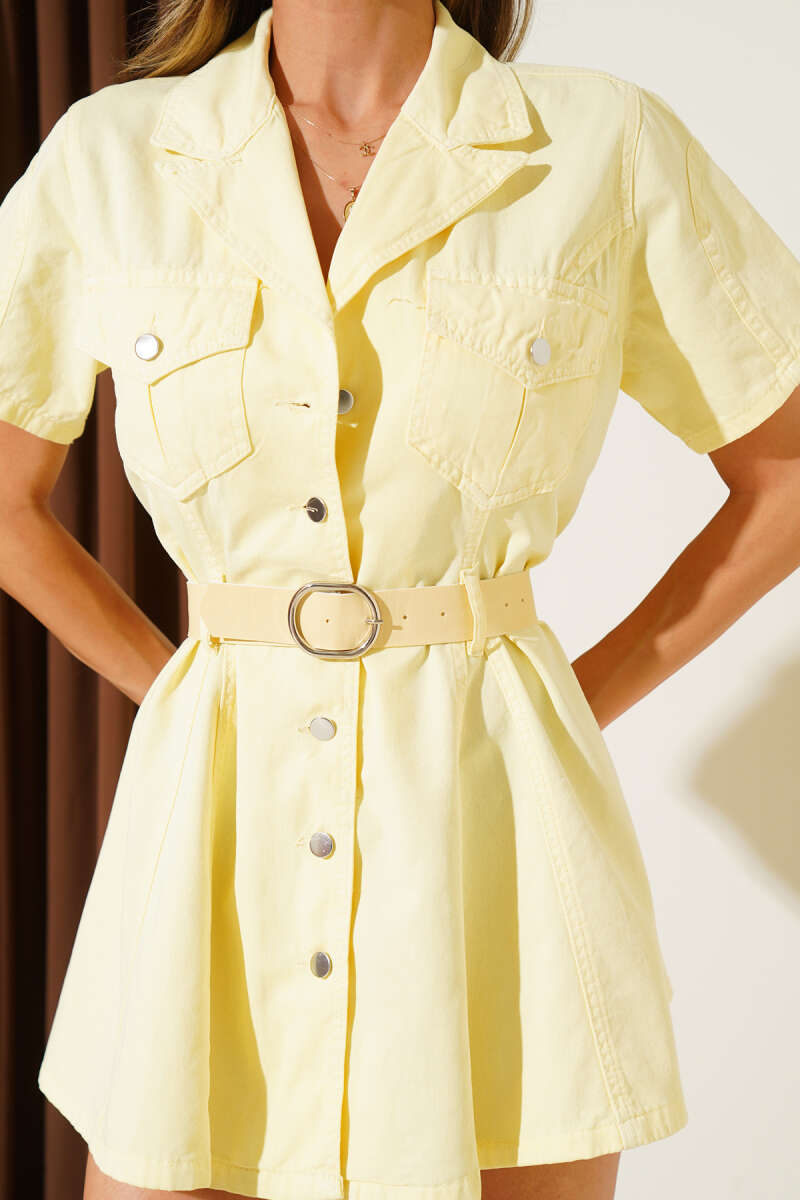 Belted Denim Dress - Yellow