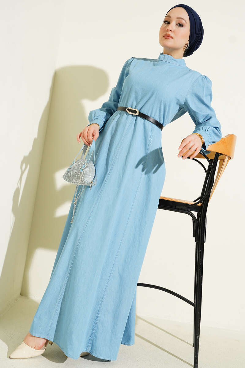 Belted Denim-Look Flared Dress - Light Blue