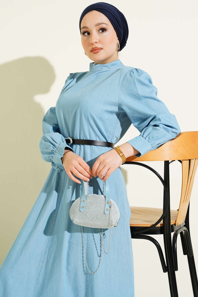 Belted Denim-Look Flared Dress - Light Blue