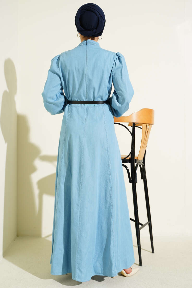 Belted Denim-Look Flared Dress - Light Blue