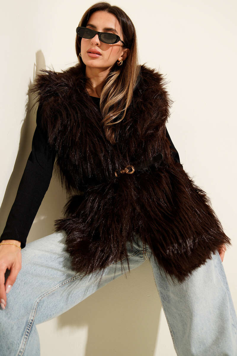 Belted Lolita Faux Fur Vest - Brown