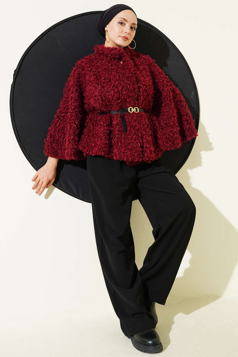 Belted Teddy Poncho - Burgundy