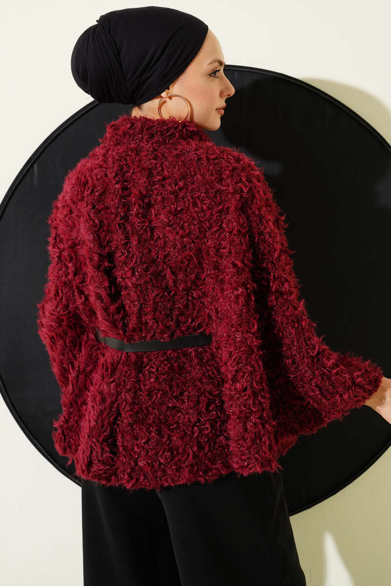 Belted Teddy Poncho - Burgundy
