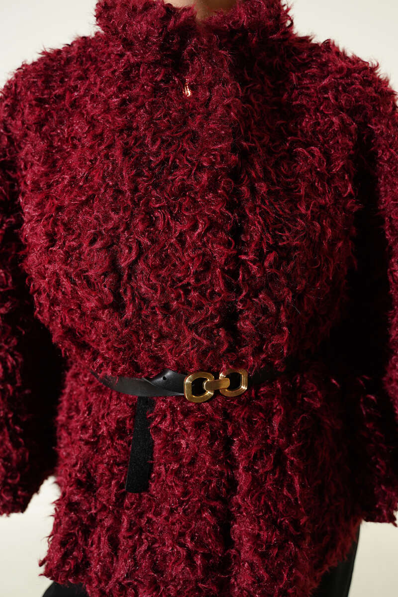 Belted Teddy Poncho - Burgundy