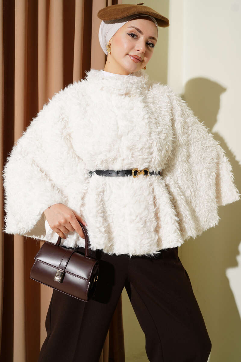 Belted Teddy Poncho - Ecru