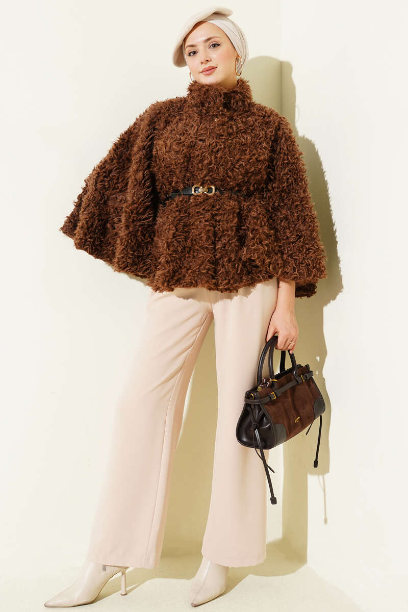 Belted Teddy Poncho - Brown