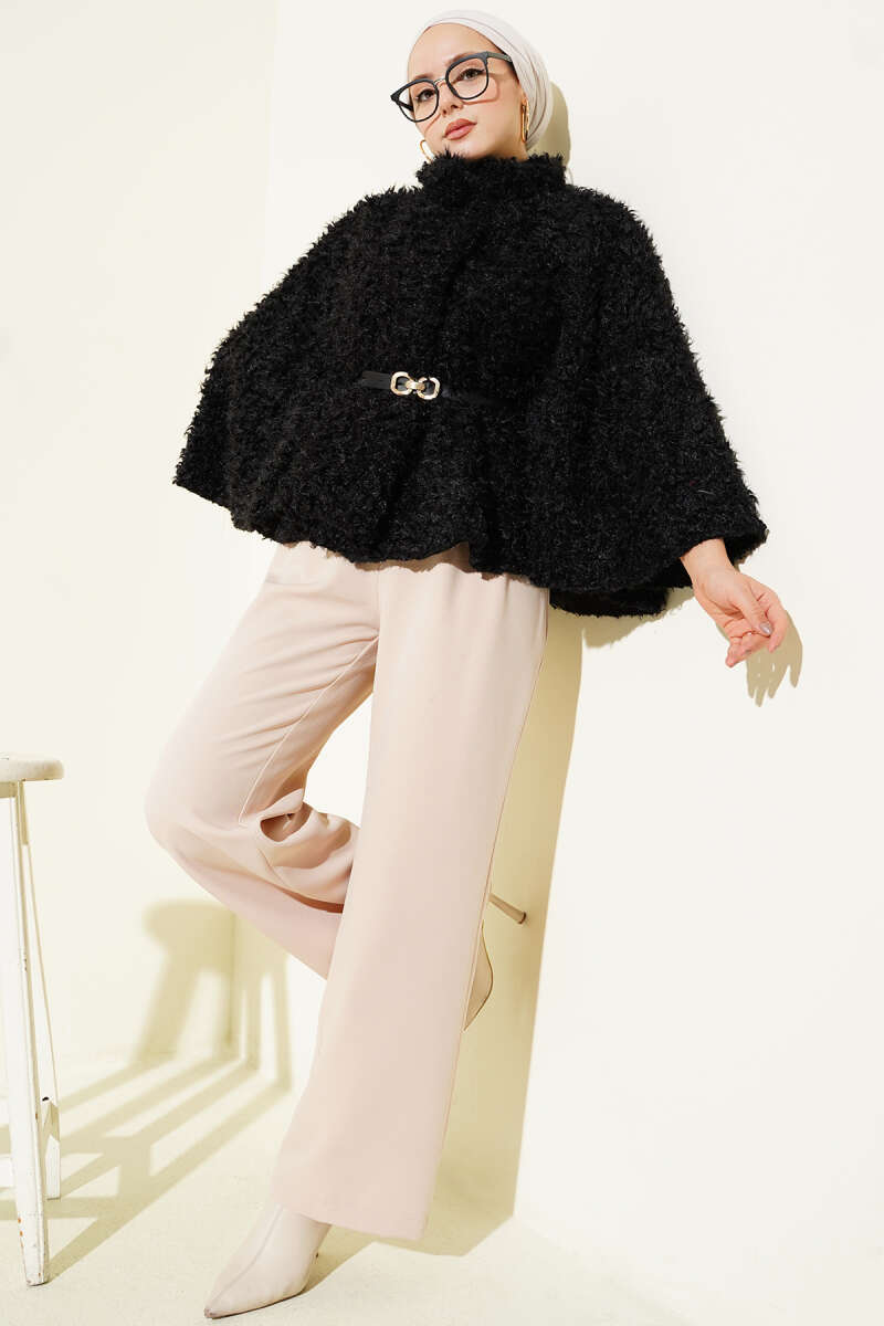 Belted Teddy Poncho - Black
