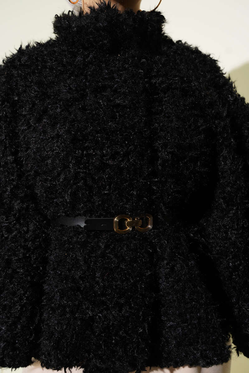 Belted Teddy Poncho - Black