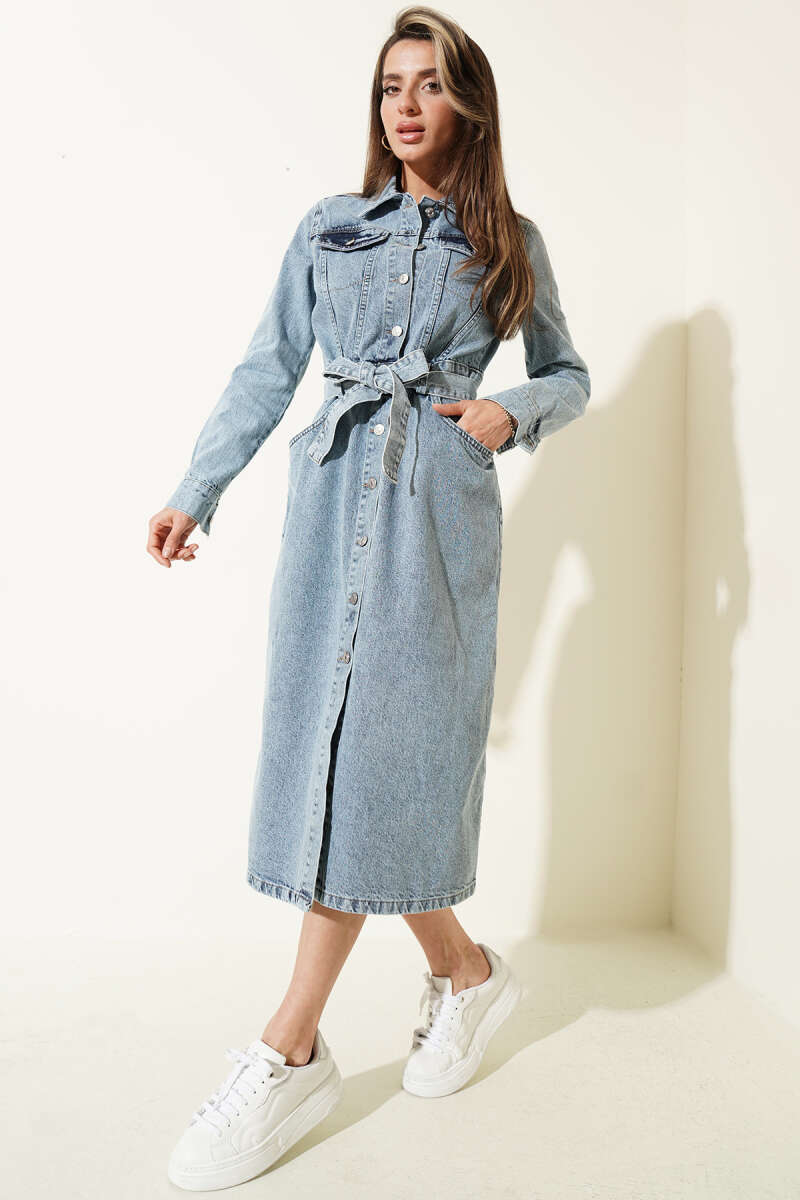 Belted Denim Midi Dress - Denim Blue