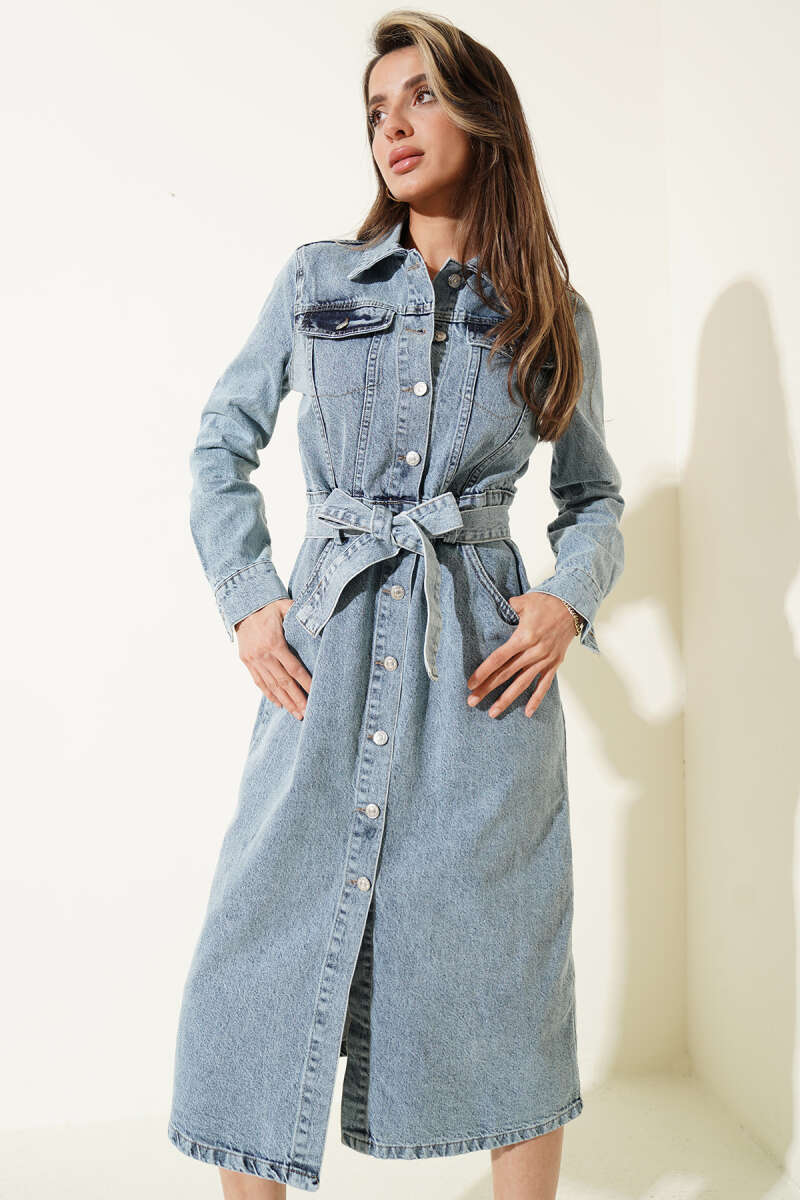 Belted Denim Midi Dress - Denim Blue