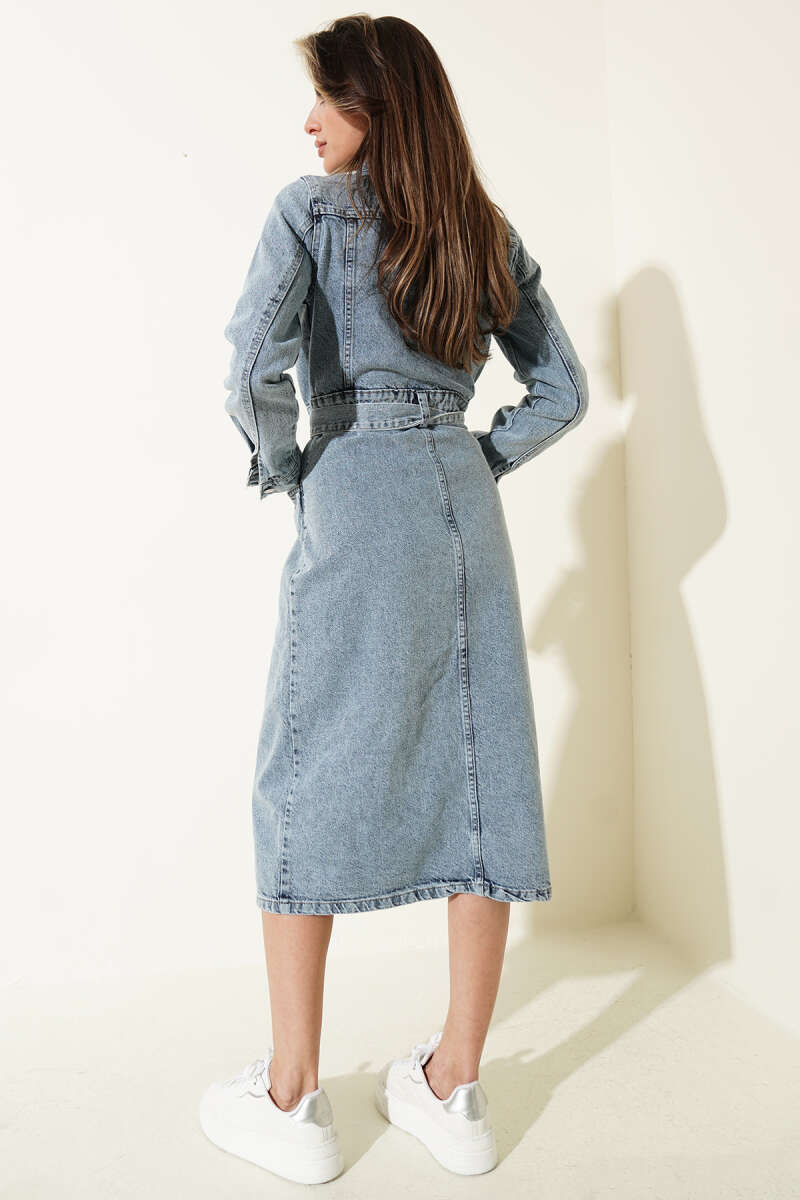 Belted Denim Midi Dress - Denim Blue